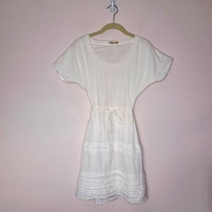 Faherty short sleeve tiered ruffle tie waist dress white small